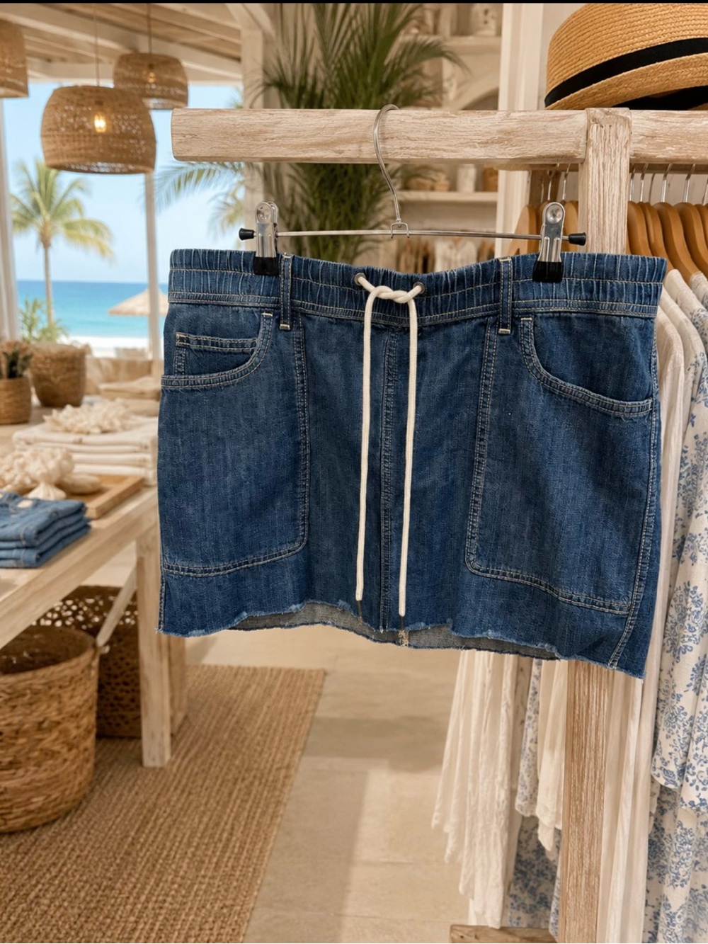 NWT James Perse Denim Drawstring Mini Skirt Raw Frayed Hem Size 3 (L) MSRP $250